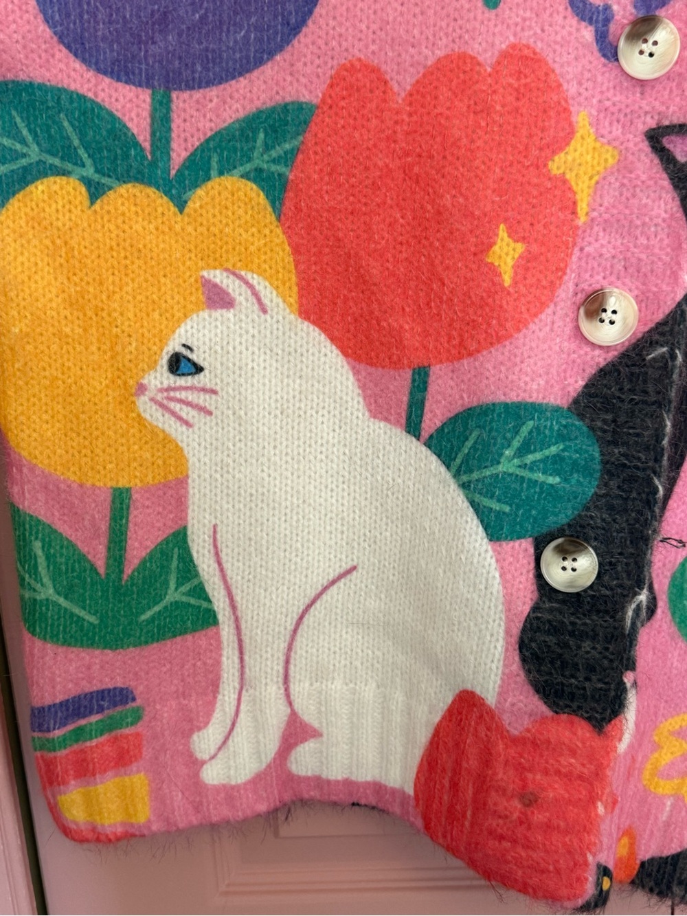 Whimsical Pink Cat-Print Crewneck Sweater - Picture 4 of 5